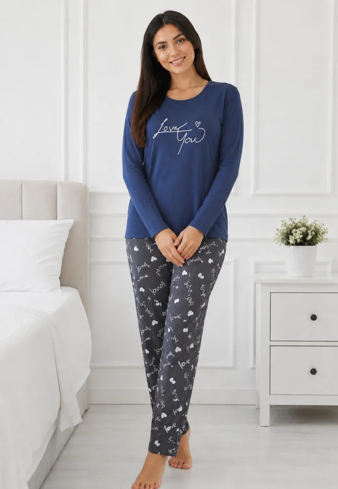 Pijama dama bumbac, set 2 piese bluza maneca lunga si pantaloni lungi, imprimeu inimi "Love You