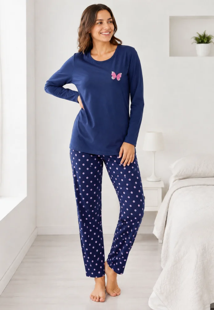 Pijama dama roz cu fluture si pantaloni bleumarin cu buline,bluemarin