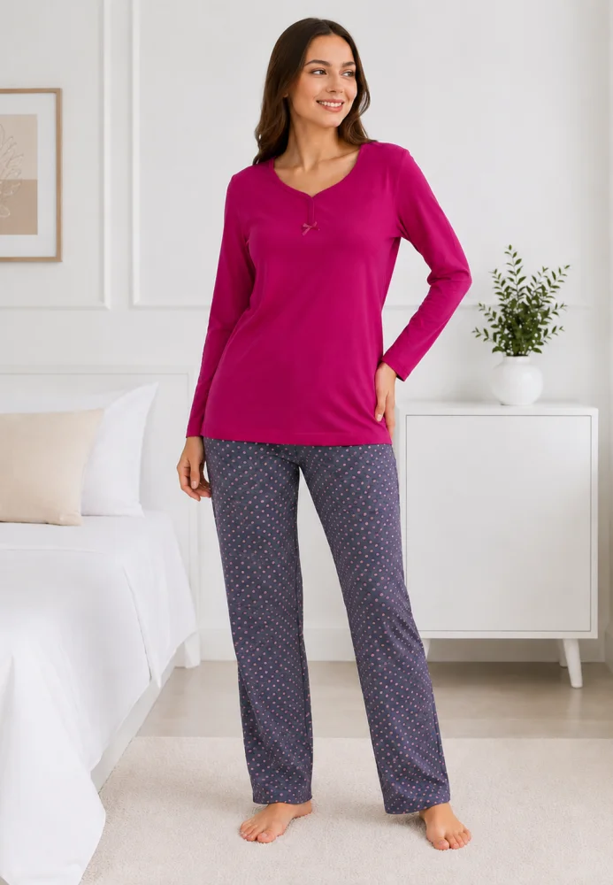 Pijama damă fucsia/magenta cu fundiță și pantaloni gri cu buline fine,  bumbac