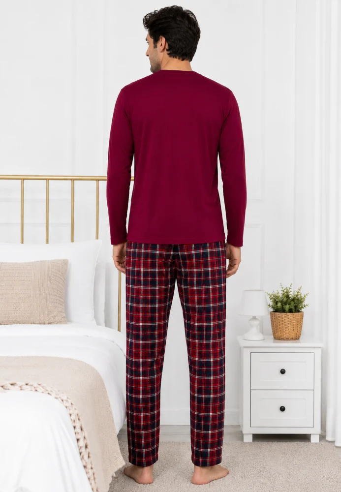 Pijama Bărbați  bumbac – Bluză Vișinie cu Imprimeu și Pantalon în Carouri