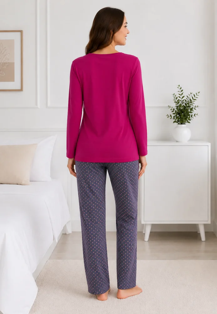 Pijama damă fucsia/magenta cu fundiță și pantaloni gri cu buline fine,  bumbac