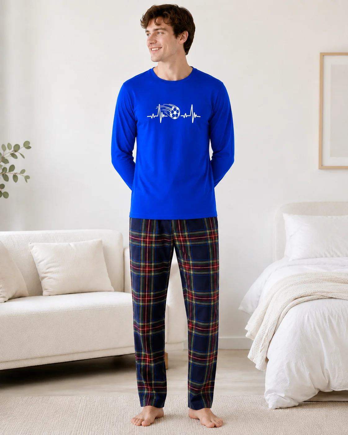 Pijama Bărbați Bumbac  – Bluză Albastru Regal și Pantalon Carouri Multicolor