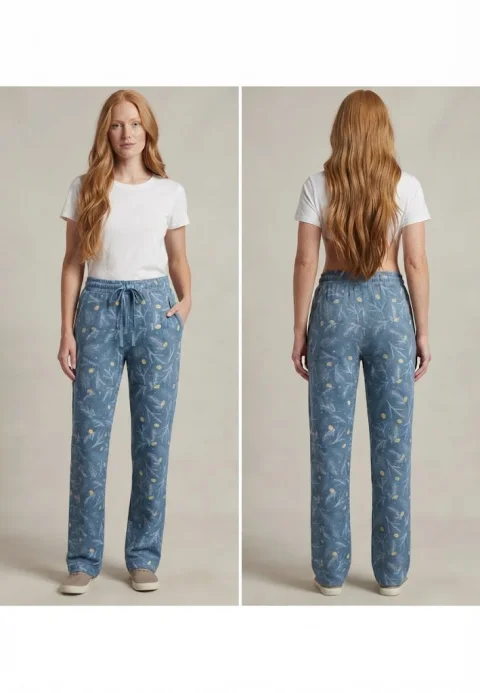 Pantaloni Pijama Damă, Bumbac, Imprimeu Ramuri și Fructe Mici, Croială Lejeră, Talie Elastică cu Șnur