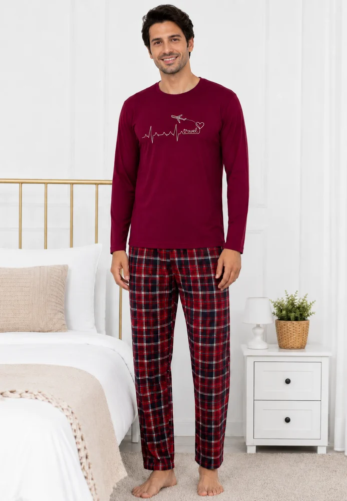 Pijama Bărbați  bumbac – Bluză Vișinie cu Imprimeu și Pantalon în Carouri — imagine 3