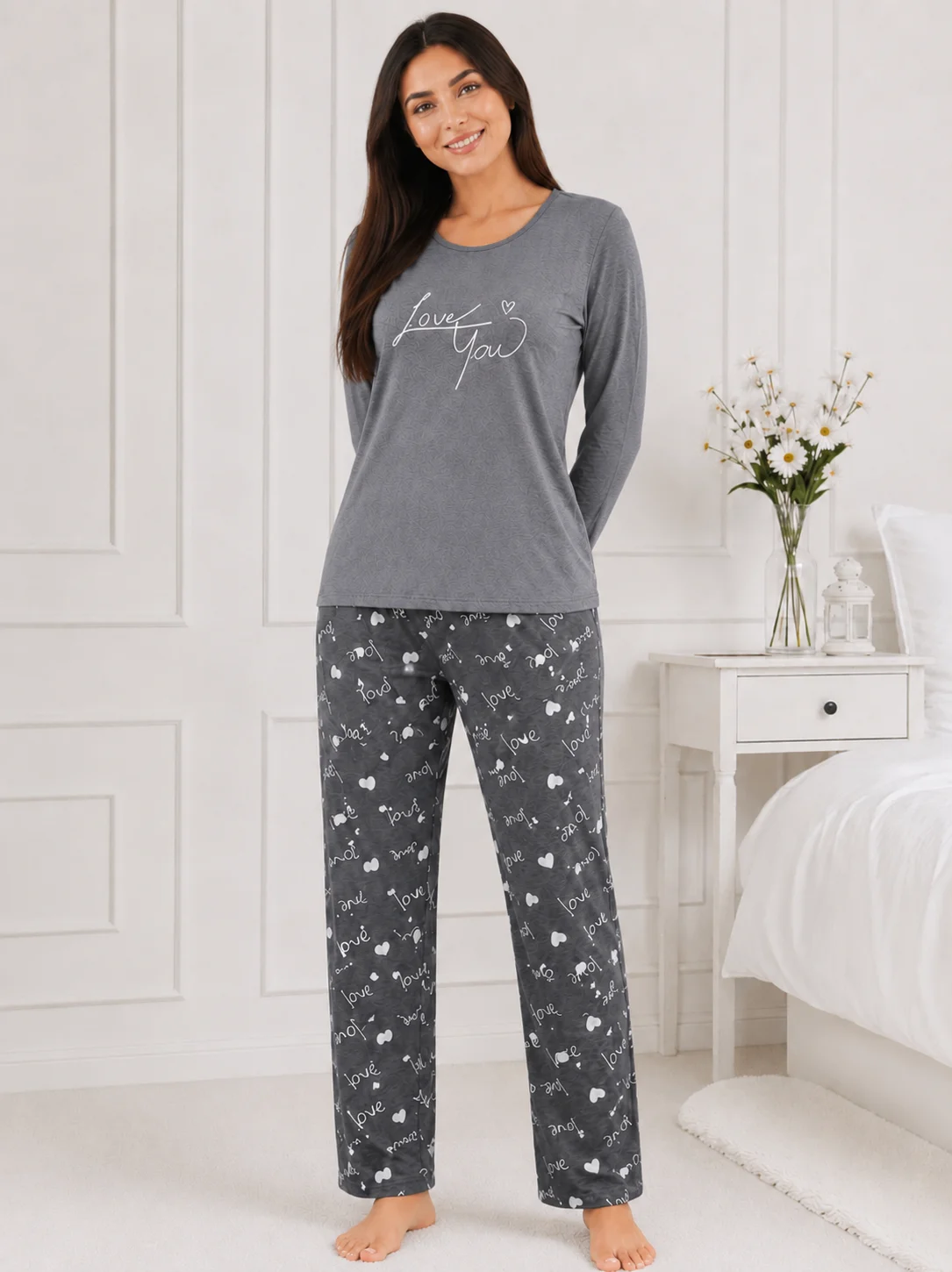 Pijama dama bumbac, set 2 piese bluza maneca lunga si pantaloni lungi, imprimeu inimi "Love You