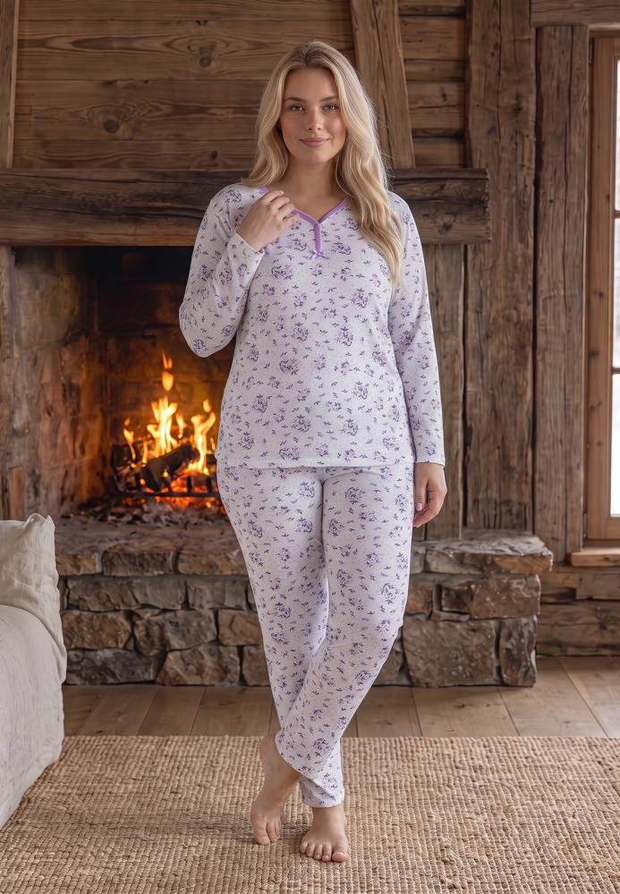 Pijama Damă Big Size, Bumbac 100%, Imprimeu Floral Mov, Mânecă Lungă și Pantaloni Lungi — imagine 2
