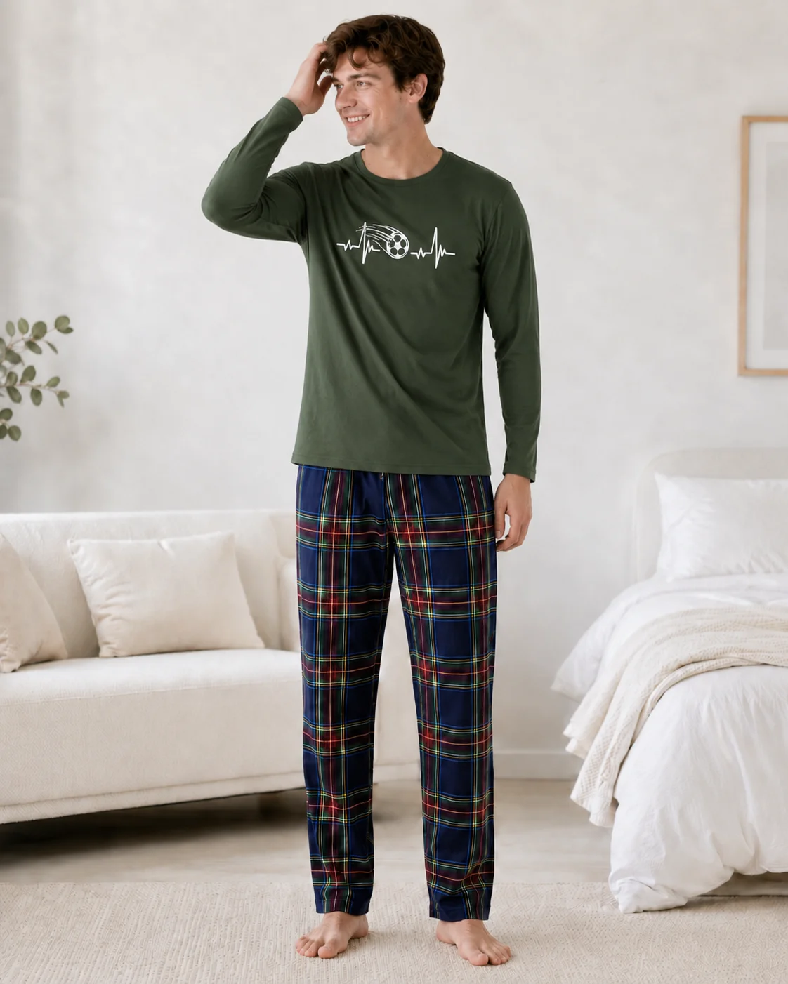 Pijama Bărbați Bumbac – Bluză Verde Kaki și Pantalon Carouri Multicolor — imagine 1