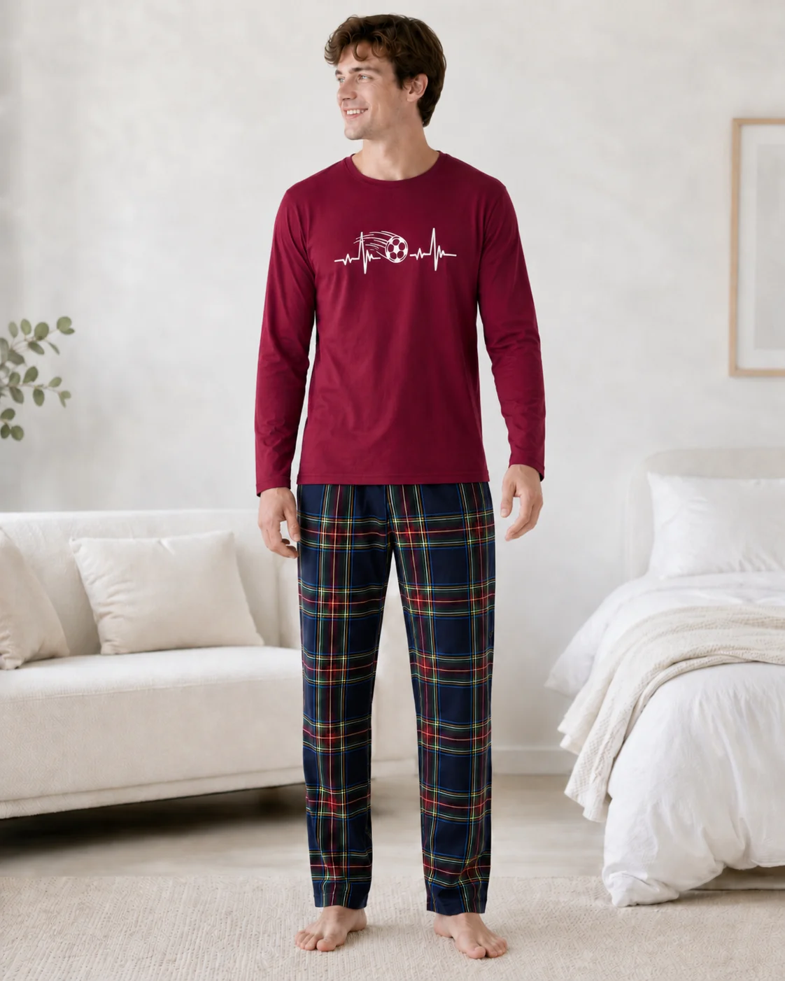 Pijama Bărbați Bordo cu Mânecă Lungă, Bumbac și Pantalon în Carouri Bleumarin