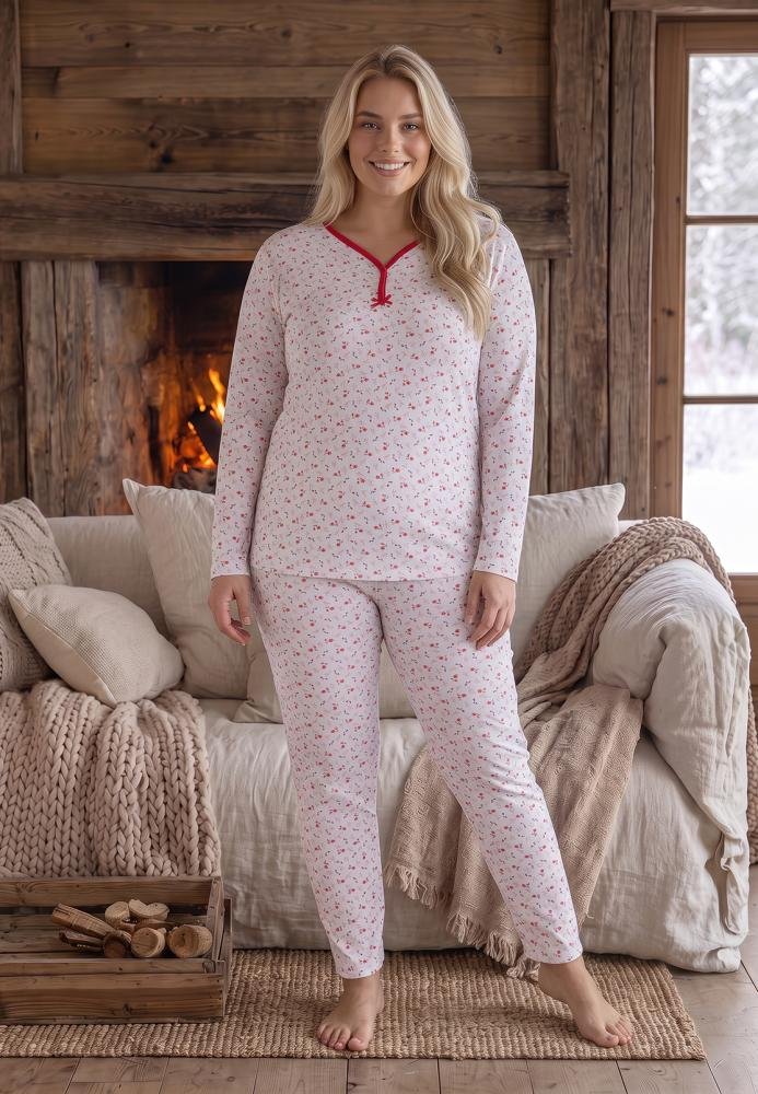 Pijama Damă Big Size , Mânecă Lungă și Pantaloni Lungi, 100% Bumbac, Imprimeu Floral Delicat — imagine 2