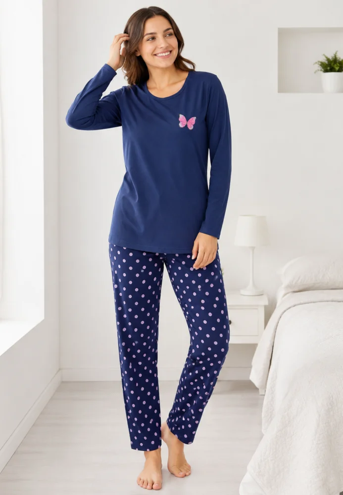 Pijama dama roz cu fluture si pantaloni bleumarin cu buline,bluemarin
