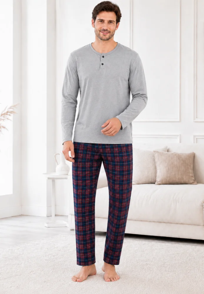 Pijama Bărbați Bumbac, Bluză Gri cu Nasturi și Pantalon Carouri Bleumarin