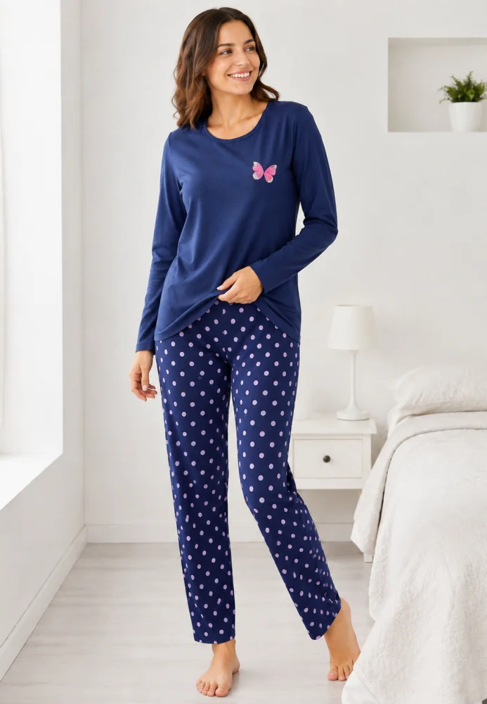 Pijama dama roz cu fluture si pantaloni bleumarin cu buline,bluemarin — imagine 3