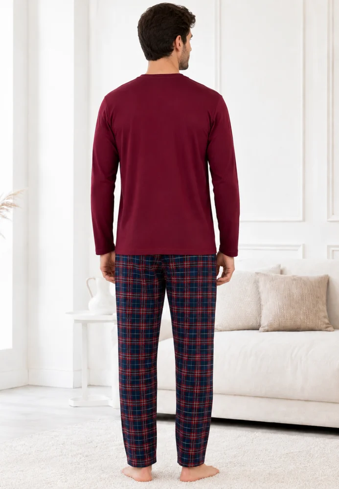 Pijama Bărbați Mânecă Lungă Bumbac – Bluză Vișinie cu Nasturi și Pantalon Carouri