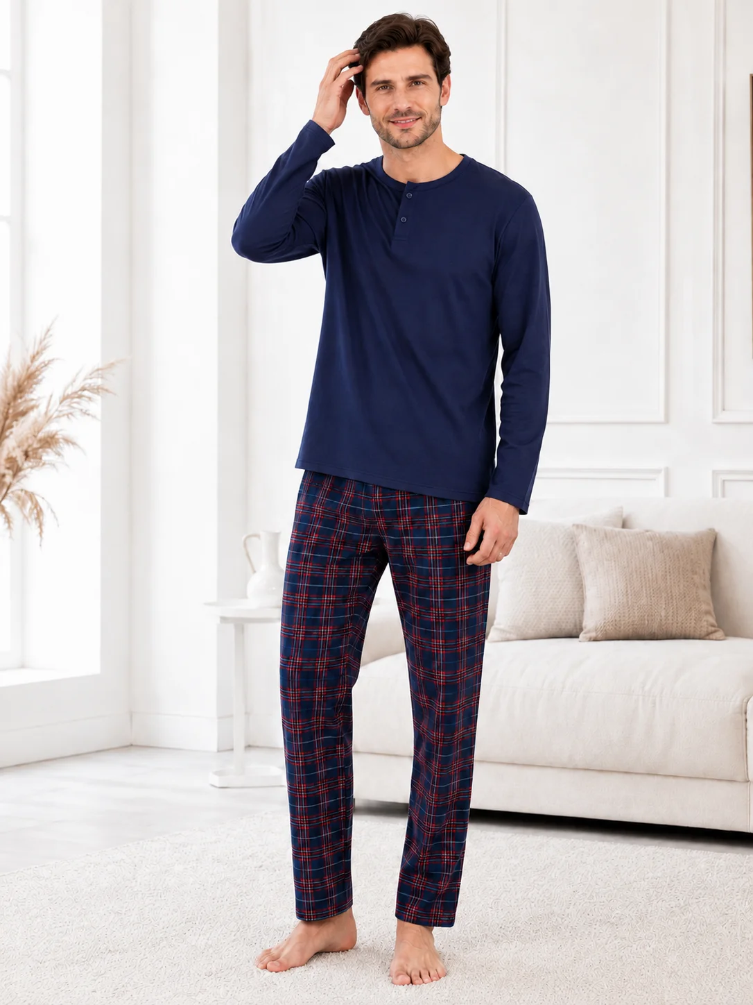 Pijama Bărbați  – Bluză Bleumarin cu Nasturi și Pantalon Carouri Bleumarin/Roșu