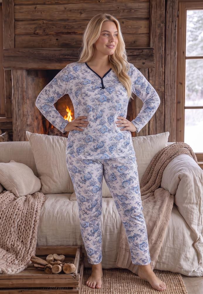 Pijama Damă Big Size, 100% Bumbac, Mânecă Lungă și Pantaloni Lungi, Imprimeu Floral Albastru, Confortabilă și Elegantă — imagine 2