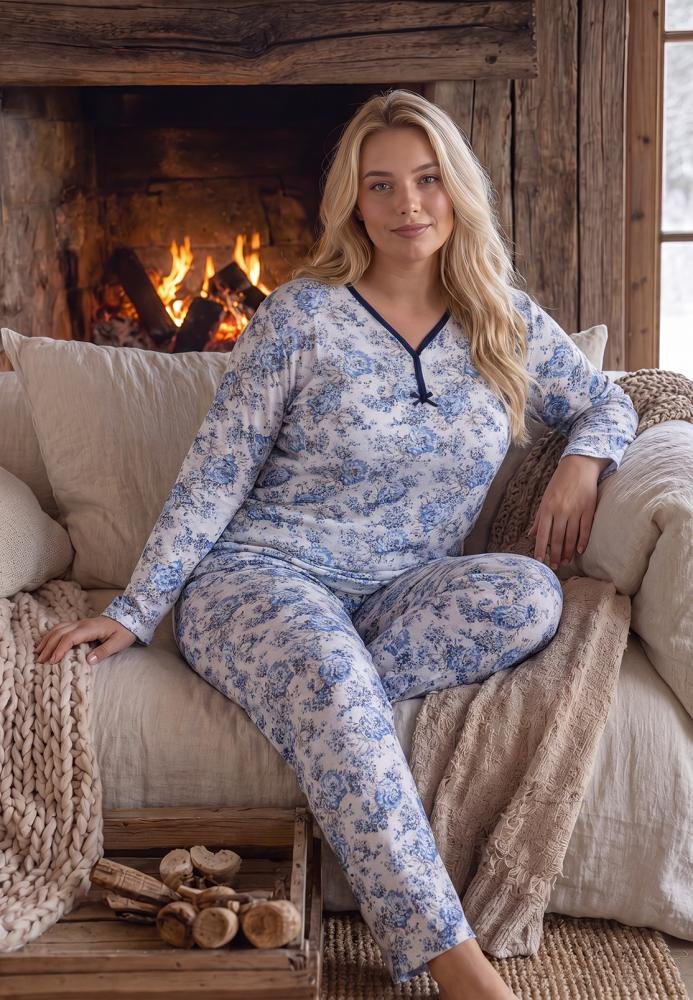 Pijama Damă Big Size, 100% Bumbac, Mânecă Lungă și Pantaloni Lungi, Imprimeu Floral Albastru, Confortabilă și Elegantă — imagine 1
