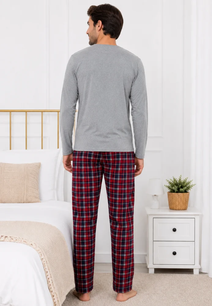 Pijama Bărbați Lejeră – Bluză Gri Melanj și Pantalon Carouri Roșu/Bleumarin