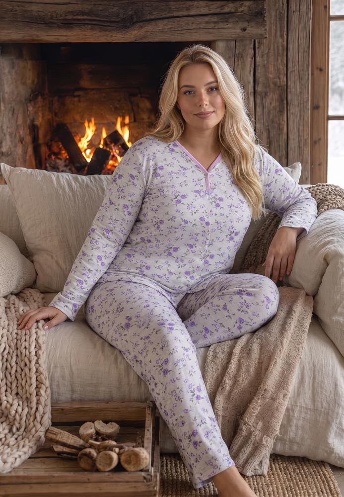 Pijama Damă Big Size, 100% Bumbac, Mânecă Lungă și Pantaloni Lungi, Imprimeu Floral Violet, Confortabilă și Elegantă — imagine 1