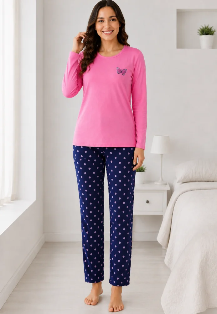 Pijama dama roz cu fluture si pantaloni bleumarin cu buline, bluză bumbac