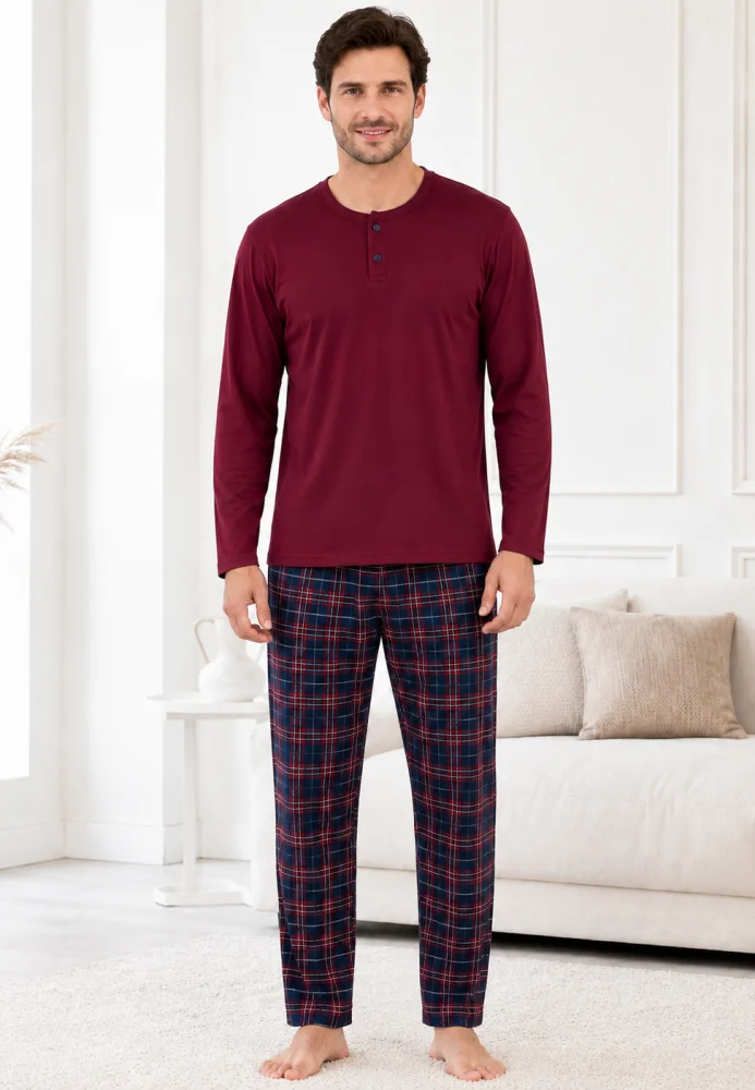 Pijama Bărbați Mânecă Lungă Bumbac – Bluză Vișinie cu Nasturi și Pantalon Carouri