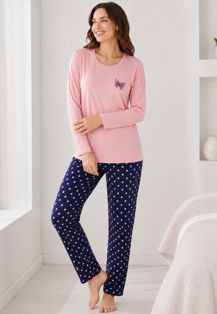 Pijama dama roz cu fluture si pantaloni bleumarin cu buline, bluză bumbac — imagine 1
