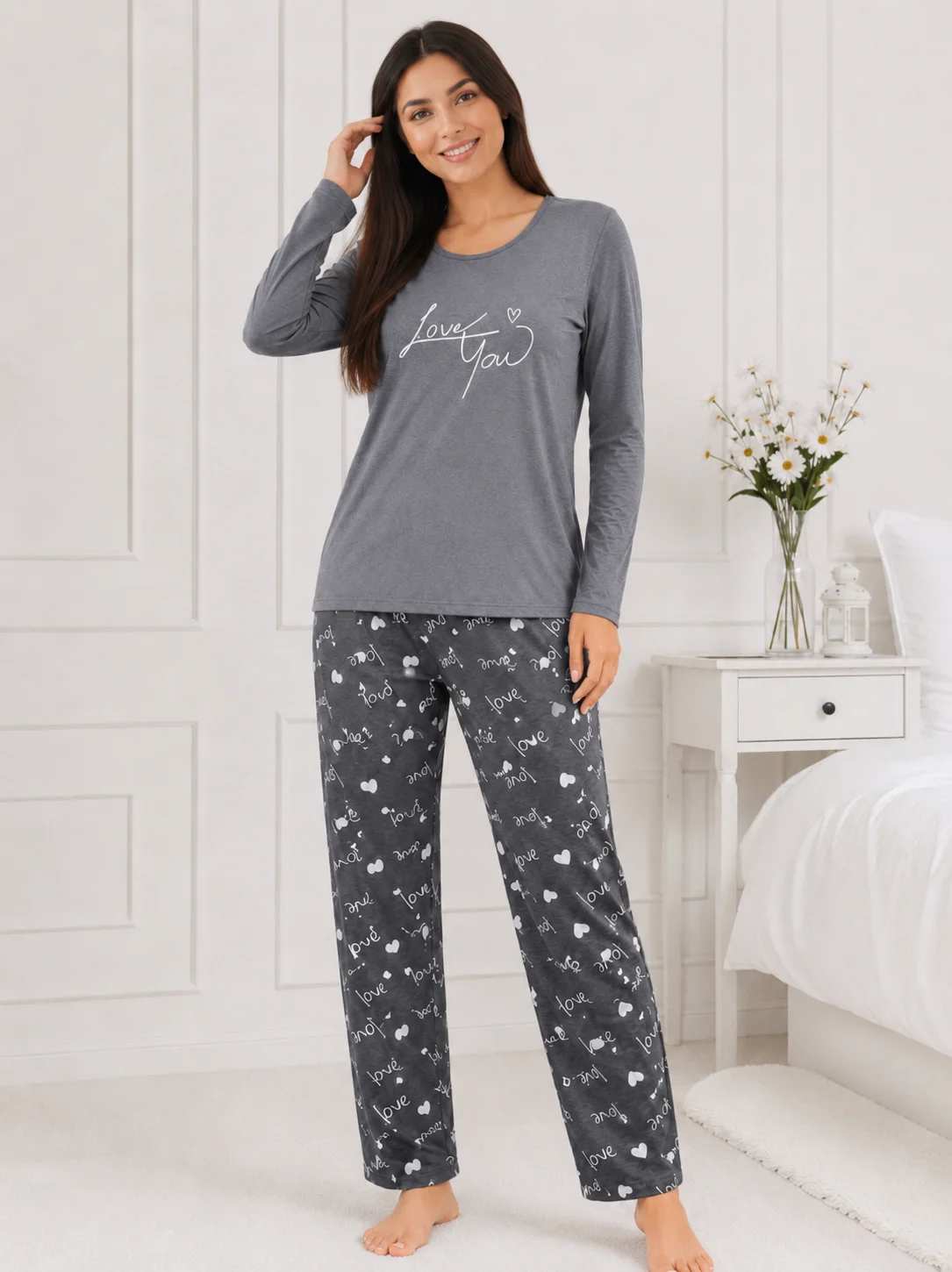 Pijama dama bumbac, set 2 piese bluza maneca lunga si pantaloni lungi, imprimeu inimi "Love You — imagine 3