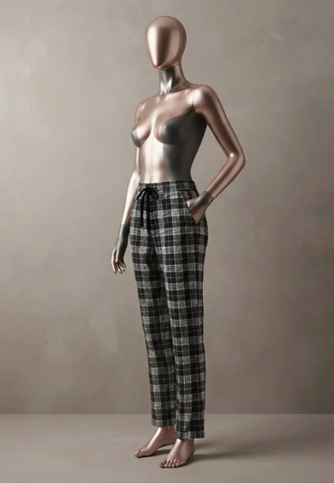 Pantaloni Pijama Damă, Imprimeu Carouri Negru și Alb, Croială Lejeră cu Șnur — imagine 1
