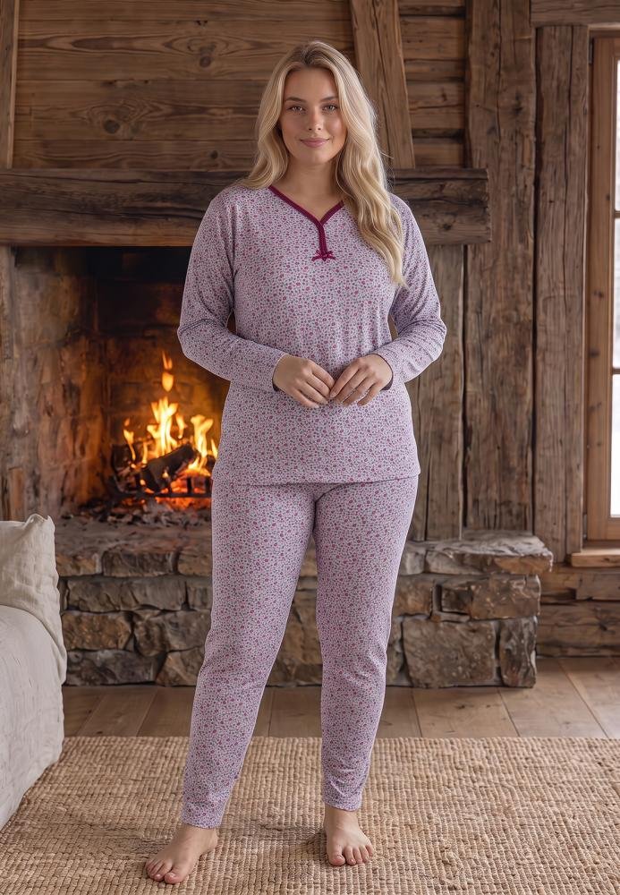 Pijama Damă Big Size, 100% Bumbac, Mânecă Lungă și Pantaloni Lungi, Imprimeu Floral, Confortabilă și Elegantă — imagine 2