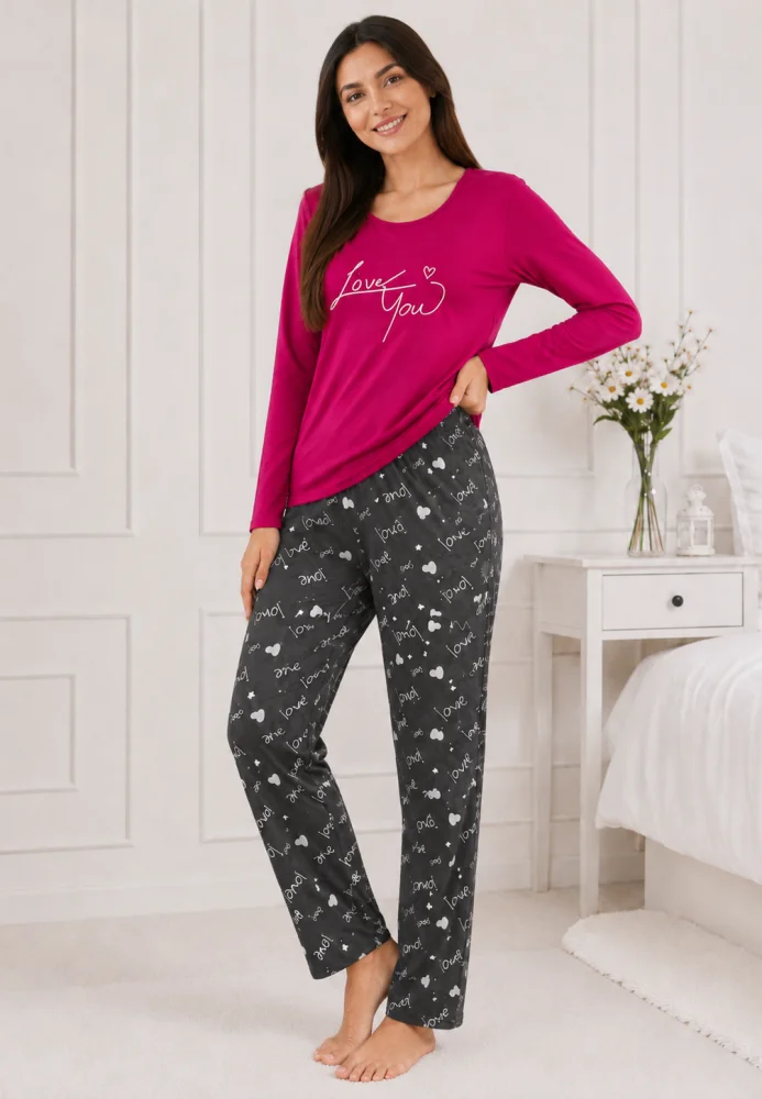 Pijama dama bumbac, set 2 piese bluza maneca lunga si pantaloni lungi, imprimeu inimi "Love You