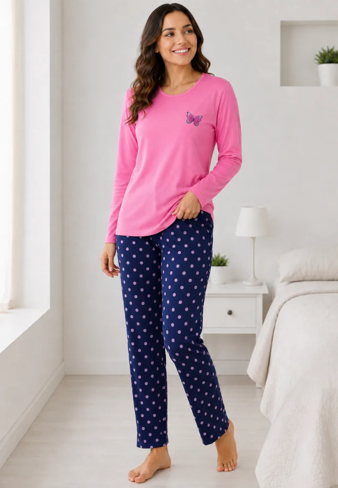 Pijama dama roz cu fluture si pantaloni bleumarin cu buline, bluză bumbac — imagine 1
