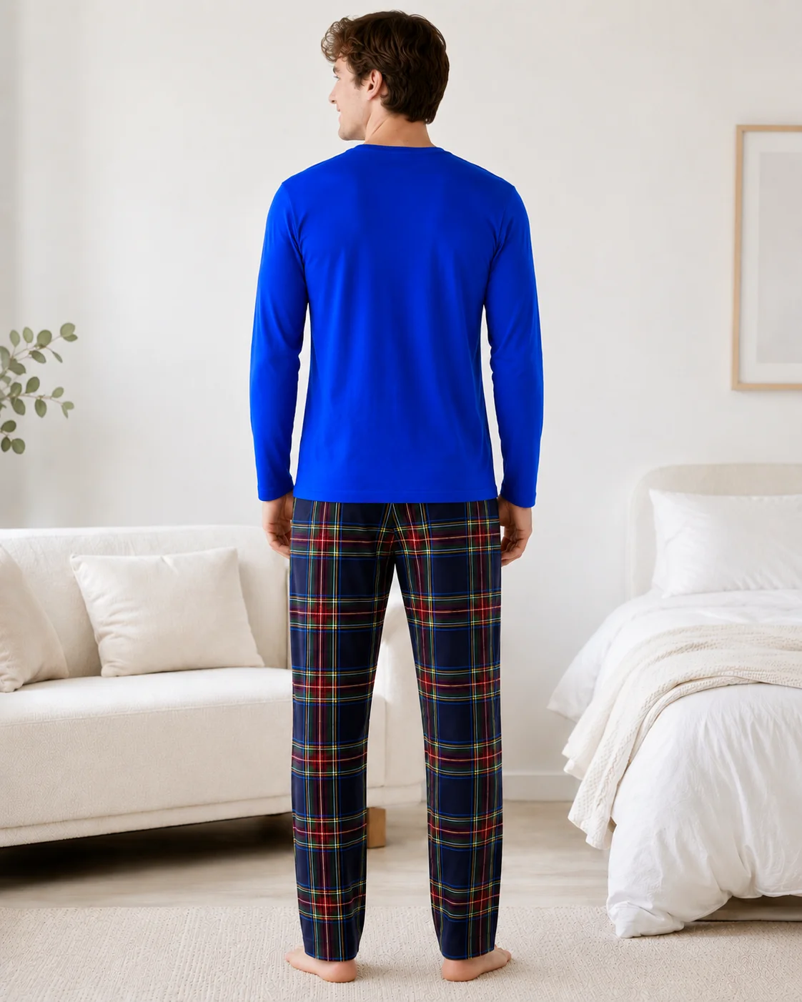 Pijama Bărbați Bumbac  – Bluză Albastru Regal și Pantalon Carouri Multicolor