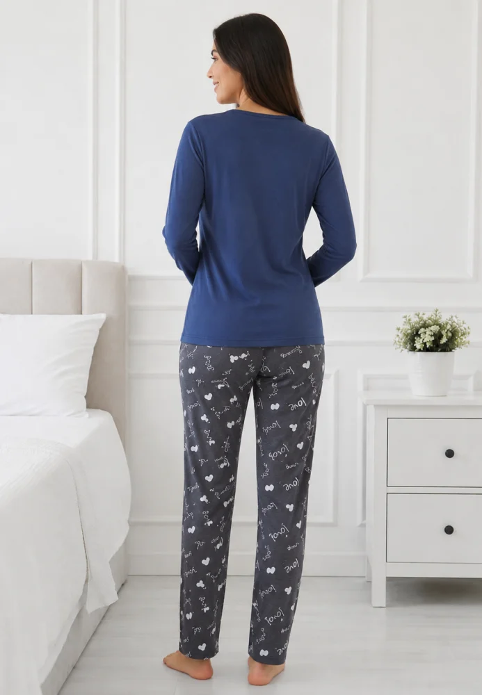 Pijama dama bumbac, set 2 piese bluza maneca lunga si pantaloni lungi, imprimeu inimi "Love You