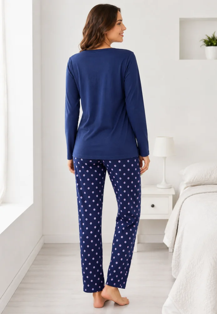 Pijama dama roz cu fluture si pantaloni bleumarin cu buline,bluemarin