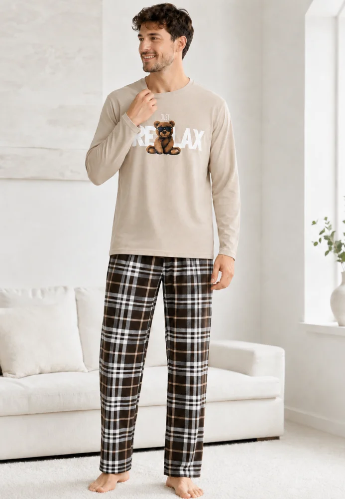 Pijama Bărbați Bej cu Bluză Mâneci Lungi și Pantaloni în Carouri Maro — imagine 3