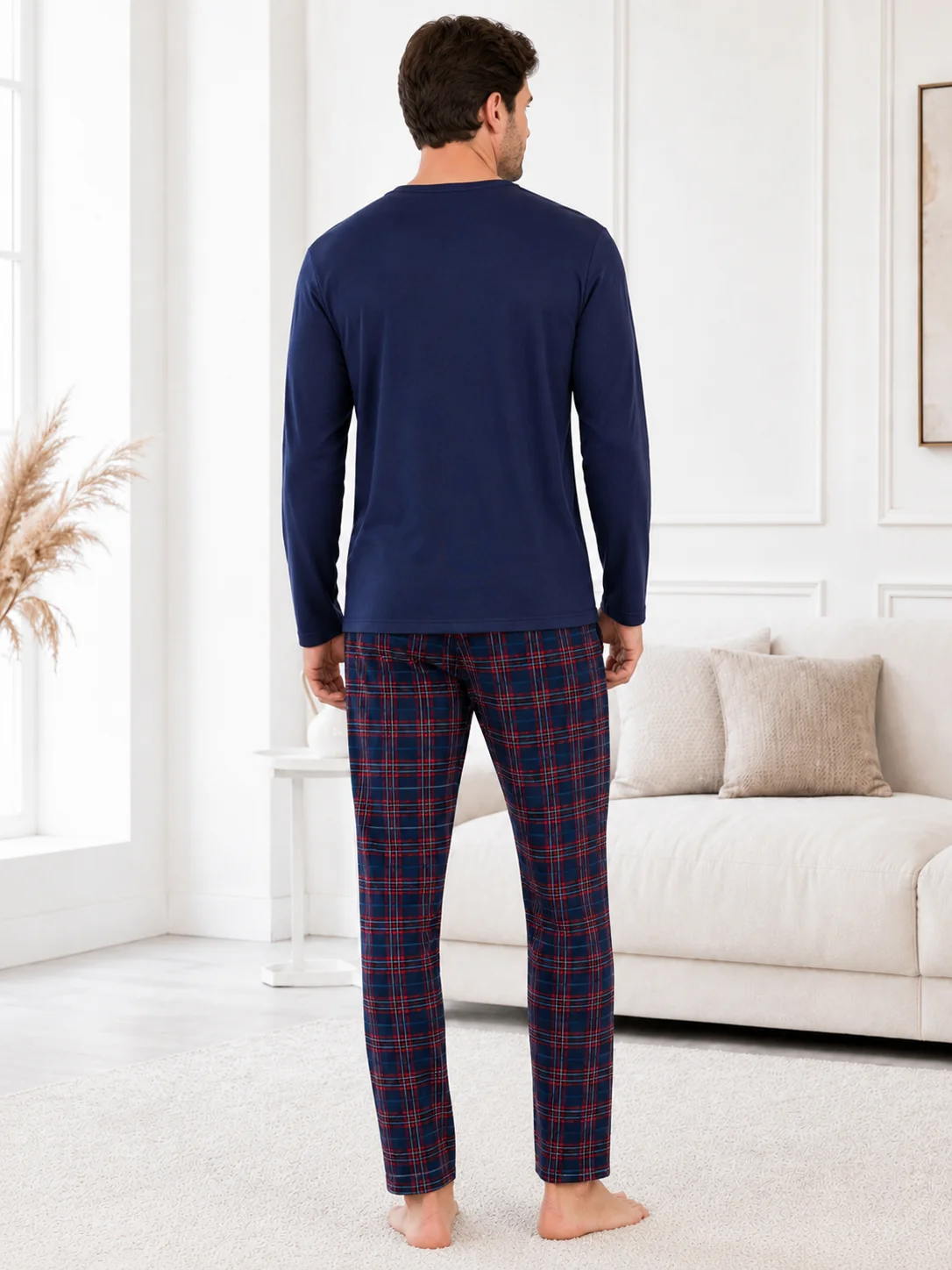Pijama Bărbați  – Bluză Bleumarin cu Nasturi și Pantalon Carouri Bleumarin/Roșu