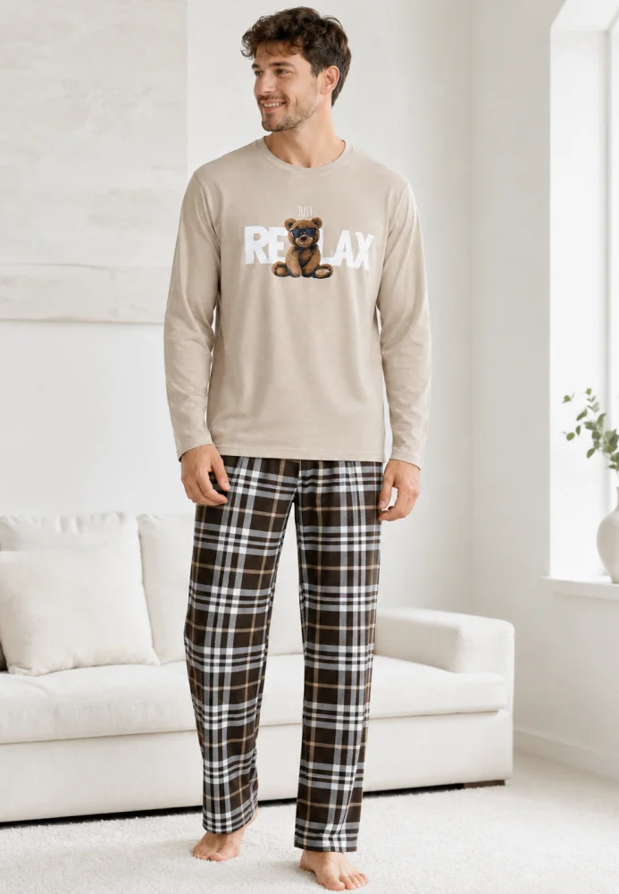 Pijama Bărbați Bej cu Bluză Mâneci Lungi și Pantaloni în Carouri Maro — imagine 4