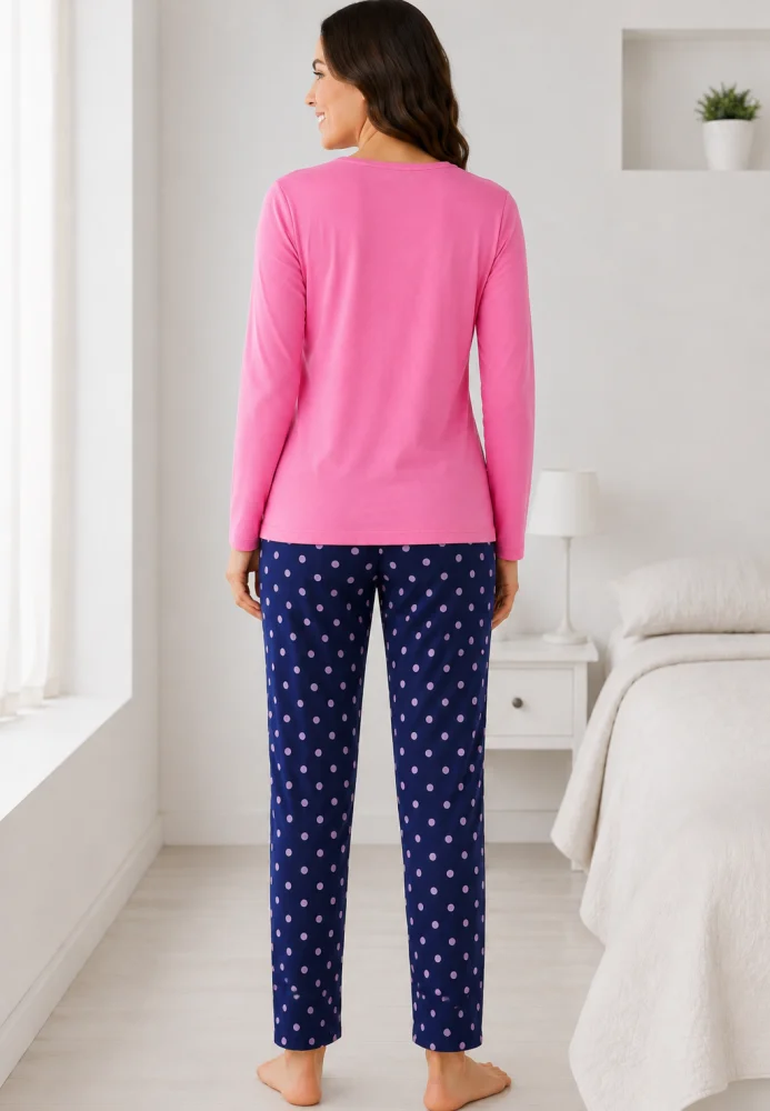 Pijama dama roz cu fluture si pantaloni bleumarin cu buline, bluză bumbac — imagine 2