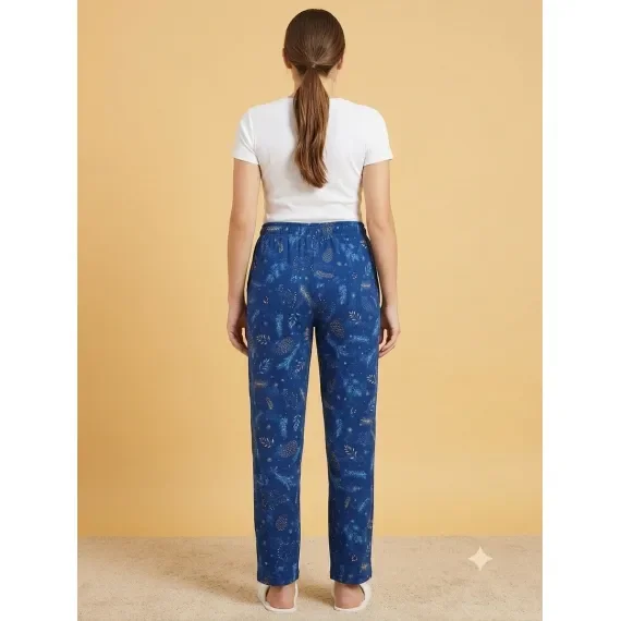 Pantaloni Pijama Damă 100% Bumbac, Imprimeu Natură / Conuri de Brad, Croială Lejeră cu Șnur și Buzunare, Albastru — imagine 2