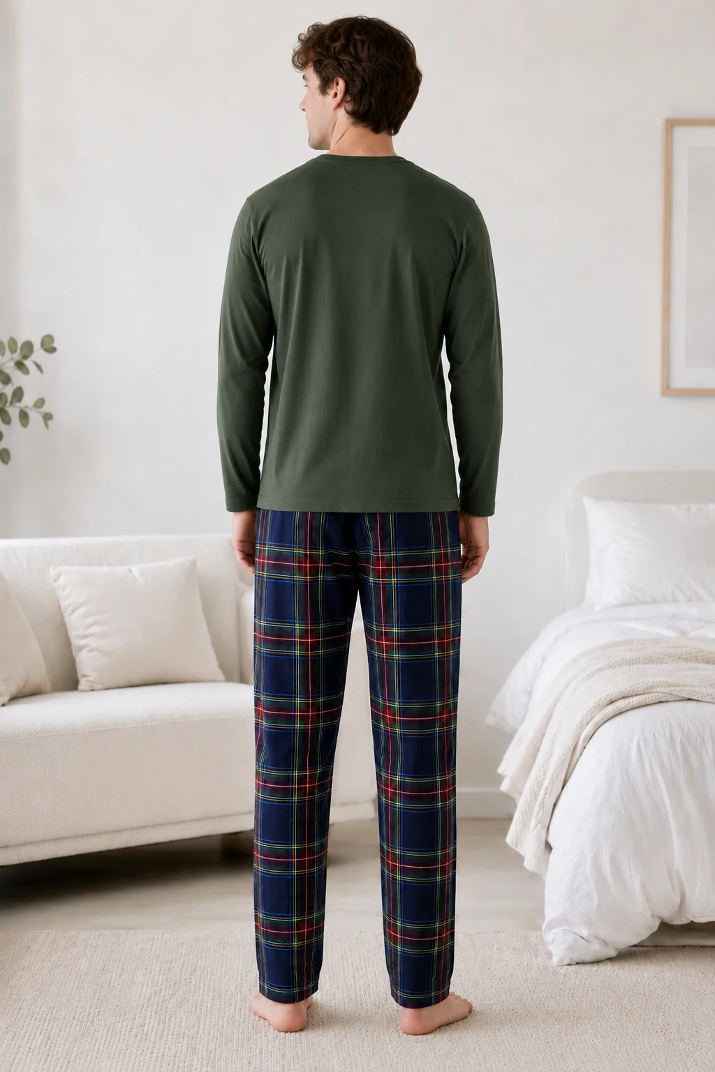 Pijama Bărbați Bumbac – Bluză Verde Kaki și Pantalon Carouri Multicolor