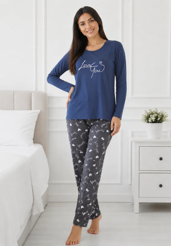 Pijama dama bumbac, set 2 piese bluza maneca lunga si pantaloni lungi, imprimeu inimi "Love You