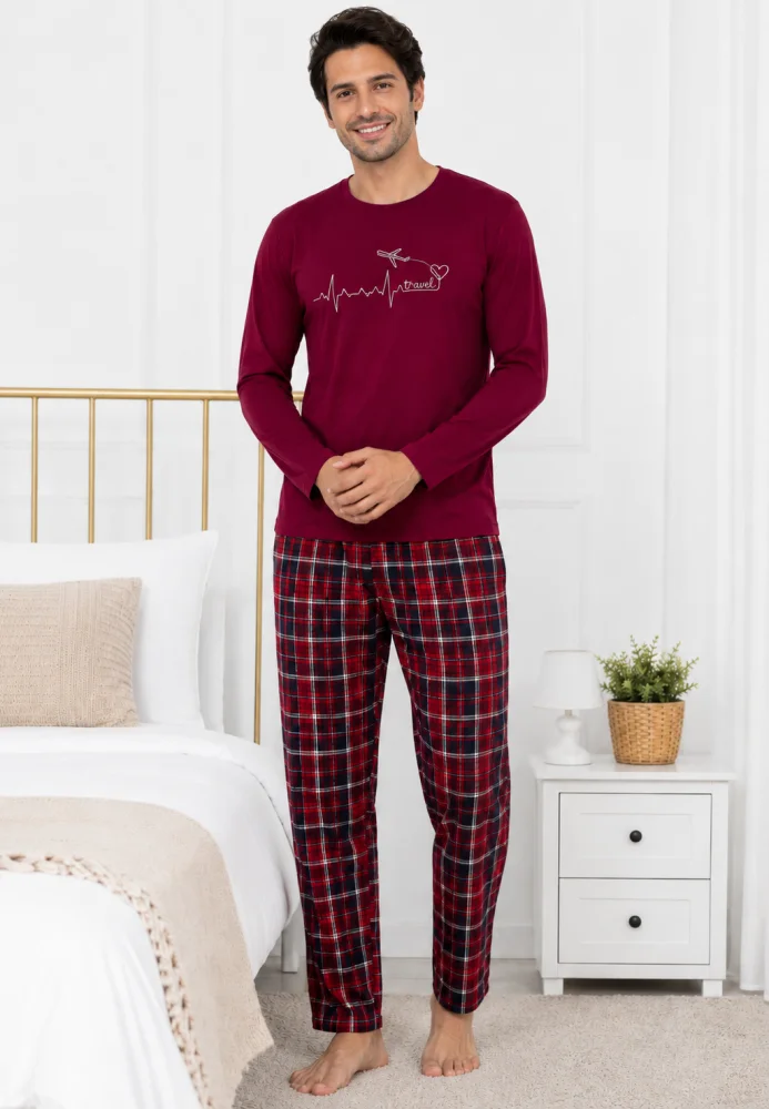 Pijama Bărbați  bumbac – Bluză Vișinie cu Imprimeu și Pantalon în Carouri