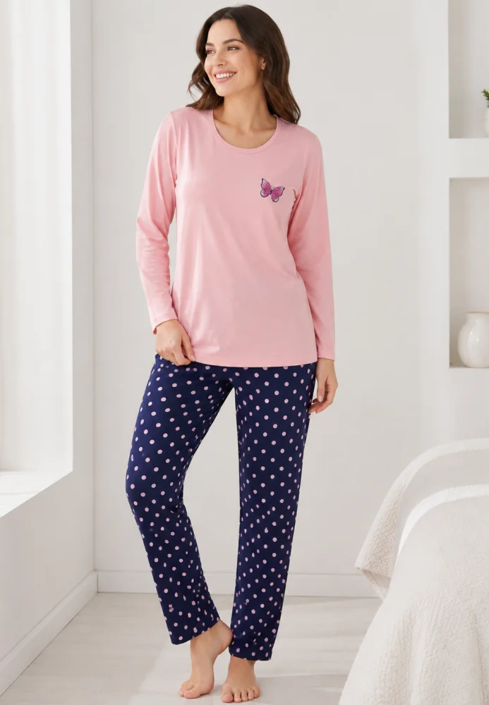 Pijama dama roz cu fluture si pantaloni bleumarin cu buline, bluză bumbac — imagine 4