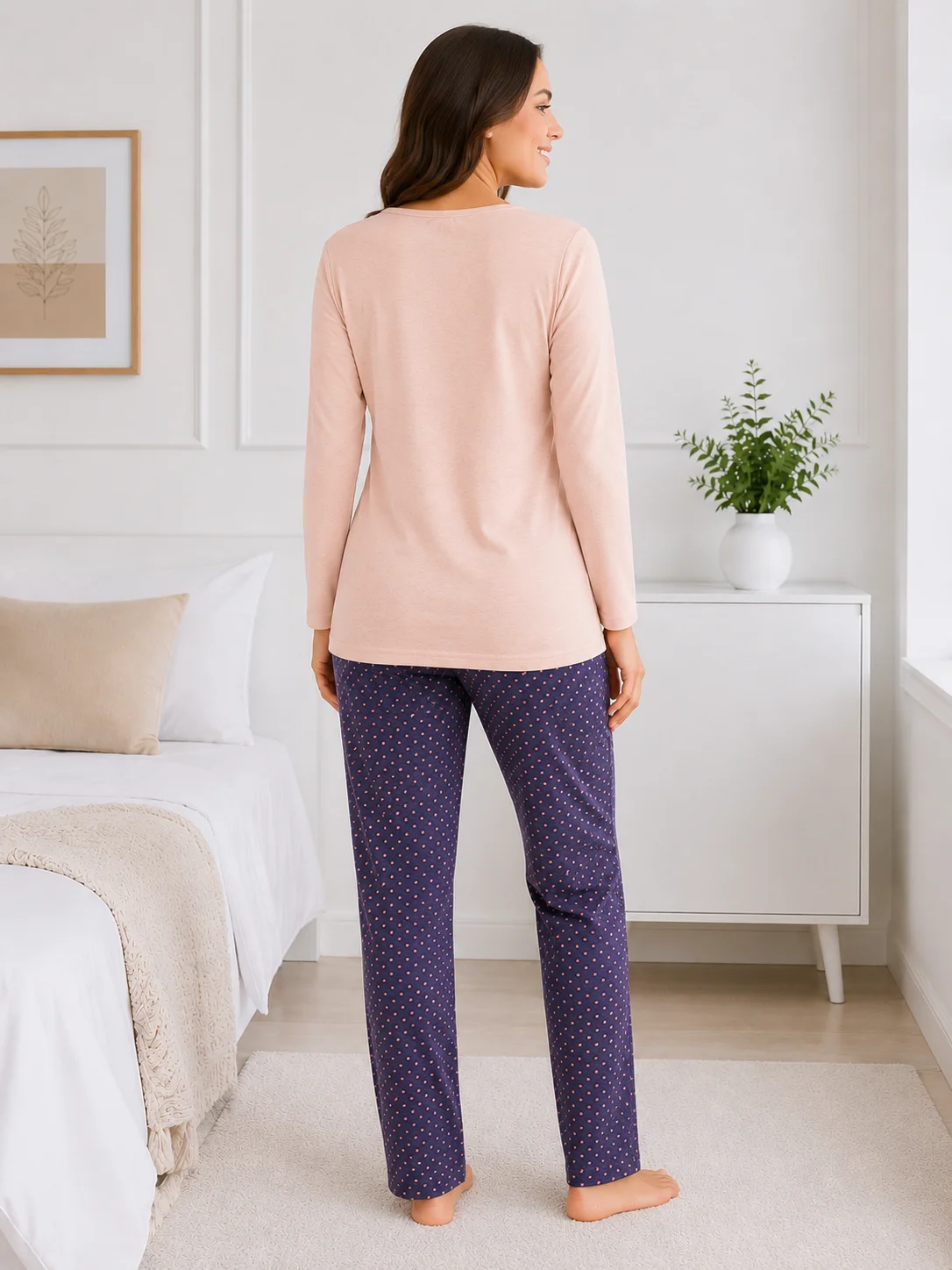 Pijama damă bumbac cu fundiță și pantaloni gri cu buline fine, bumbac — imagine 2