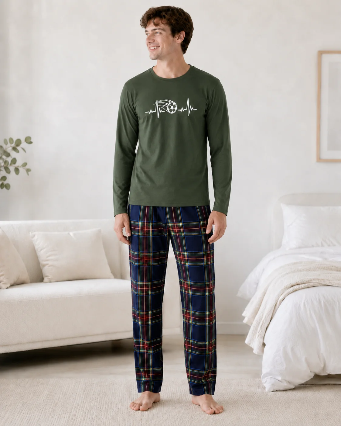 Pijama Bărbați Bumbac – Bluză Verde Kaki și Pantalon Carouri Multicolor