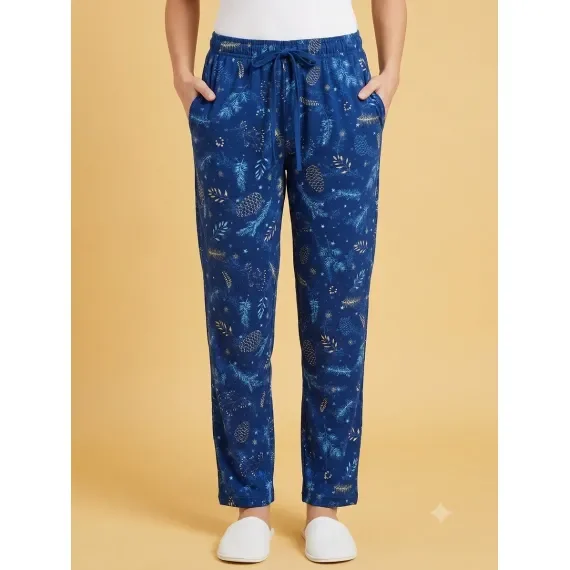 Pantaloni Pijama Damă 100% Bumbac, Imprimeu Natură / Conuri de Brad, Croială Lejeră cu Șnur și Buzunare, Albastru