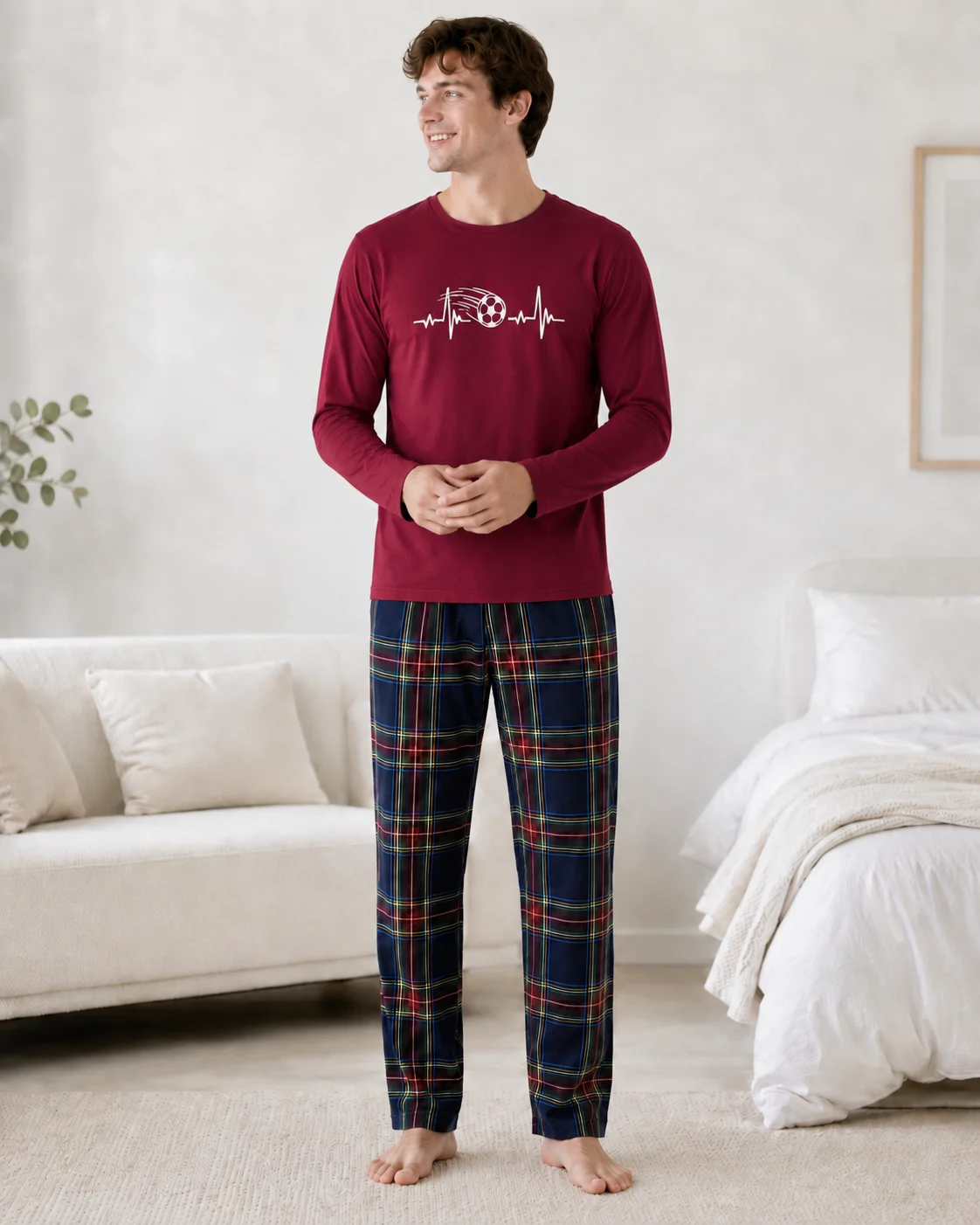 Pijama Bărbați Bordo cu Mânecă Lungă, Bumbac și Pantalon în Carouri Bleumarin