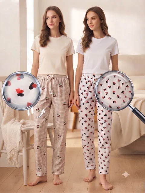 Pantaloni Pijama Damă, Imprimeu Cireșe și Inimi,snur decorativ