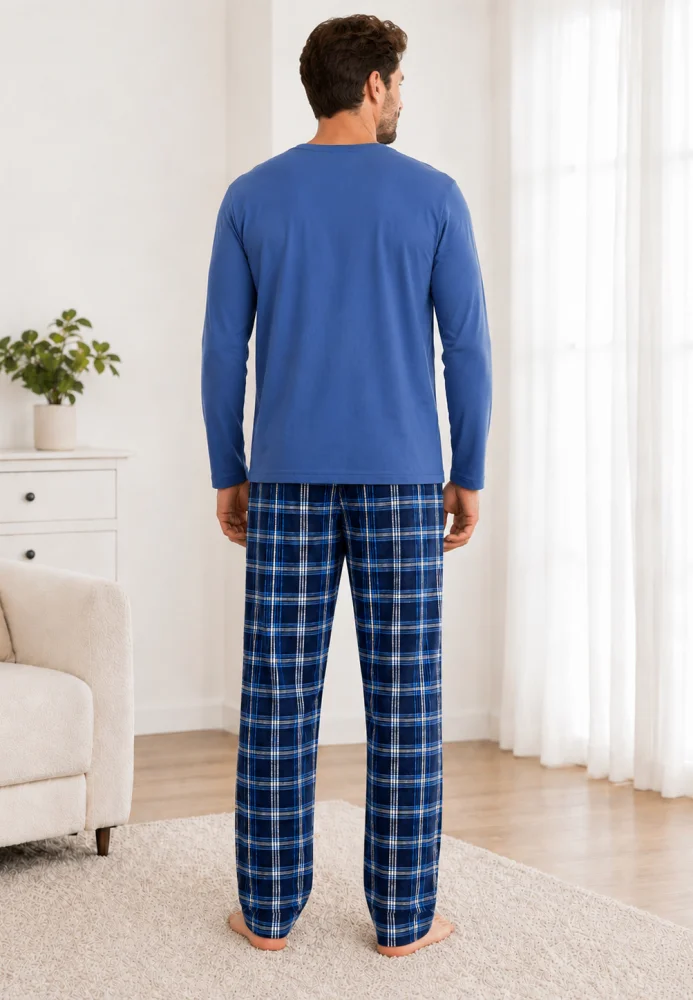 Pijama elegantă bărbați, Bluză albastră cu mânecă lungă și pantaloni în carouri, Loungewear — imagine 2