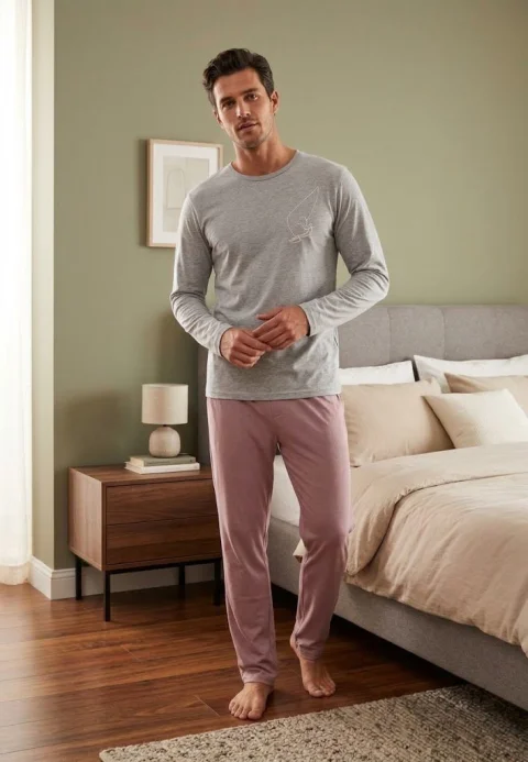 Pijama barbati bluza maneca lunga si pantaloni lungi, gri/nud — imagine 1