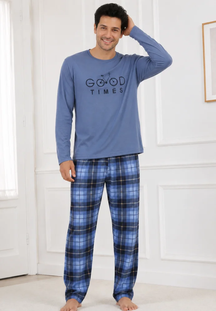 Pijama Bărbați cu Mânecă Lungă, Bluză cu Imprimeu Text și Pantalon în Carouri — imagine 3